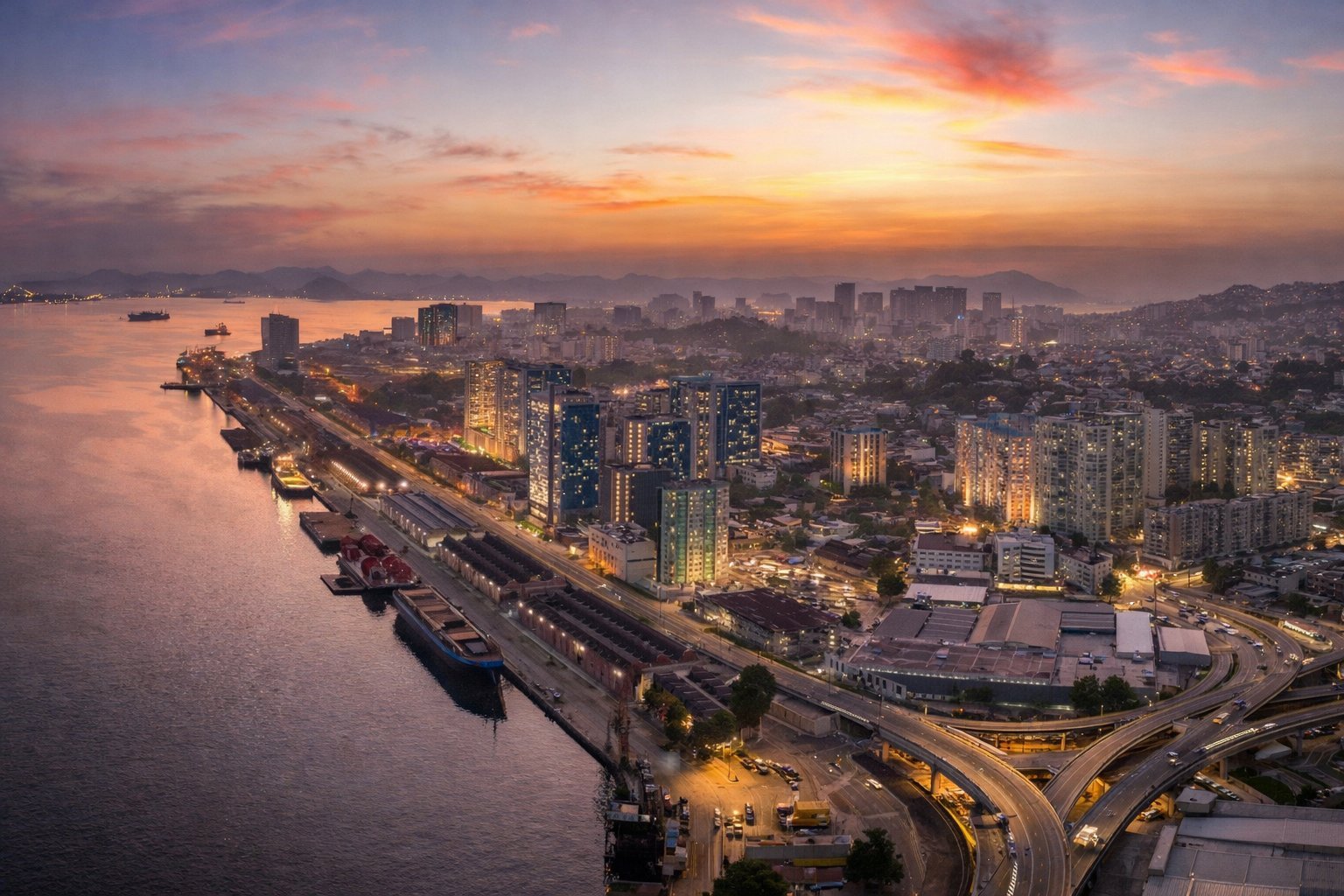 Vista aérea de Niterói ao entardecer com a Baía de Guanabara